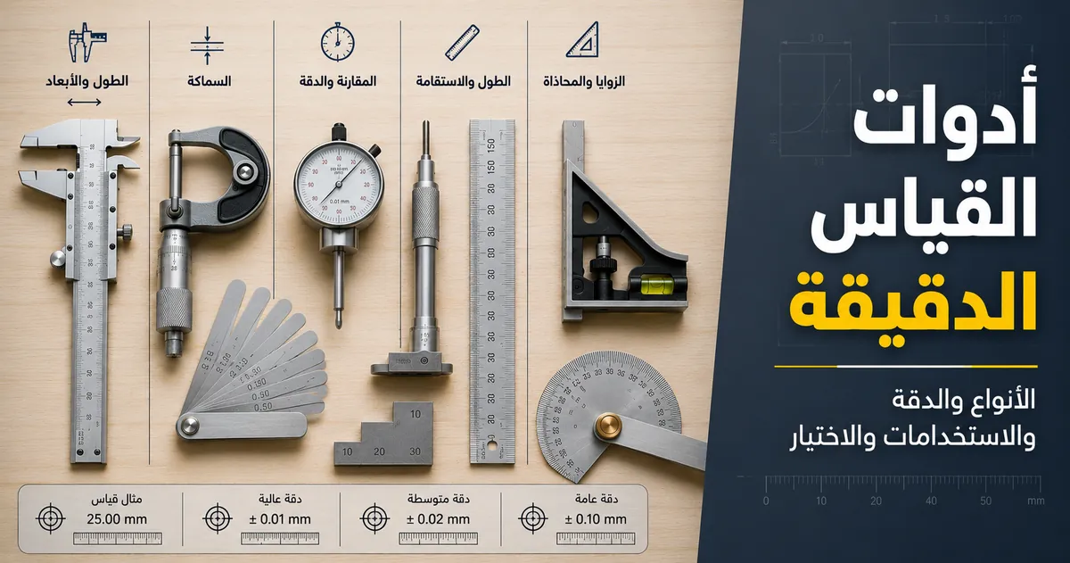 مجموعة من أدوات القياس الدقيقة مرتبة لمقارنة الأنواع والدقة واستخدامات القياس