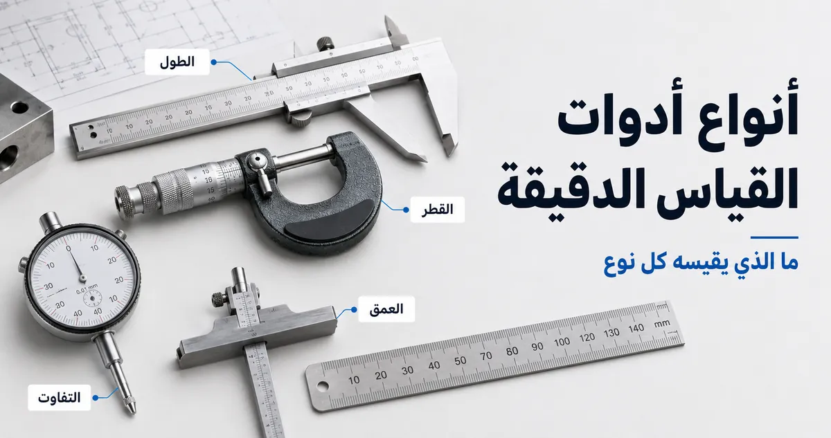 أنواع مختلفة من أدوات القياس الدقيقة معروضة لتوضيح ما يقيسه كل نوع