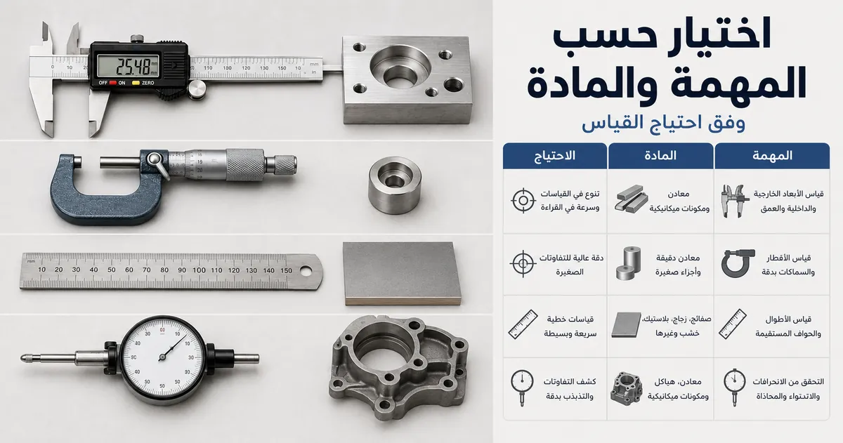 أدوات قياس دقيقة موضوعة قرب مواد ومهام قياس مختلفة
