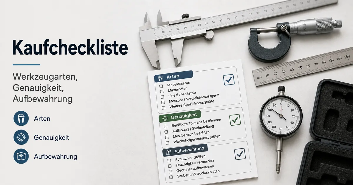 Checkliste für Präzisionsmesswerkzeuge mit Werkzeugarten, Genauigkeitsbedarf und Aufbewahrungsoptionen