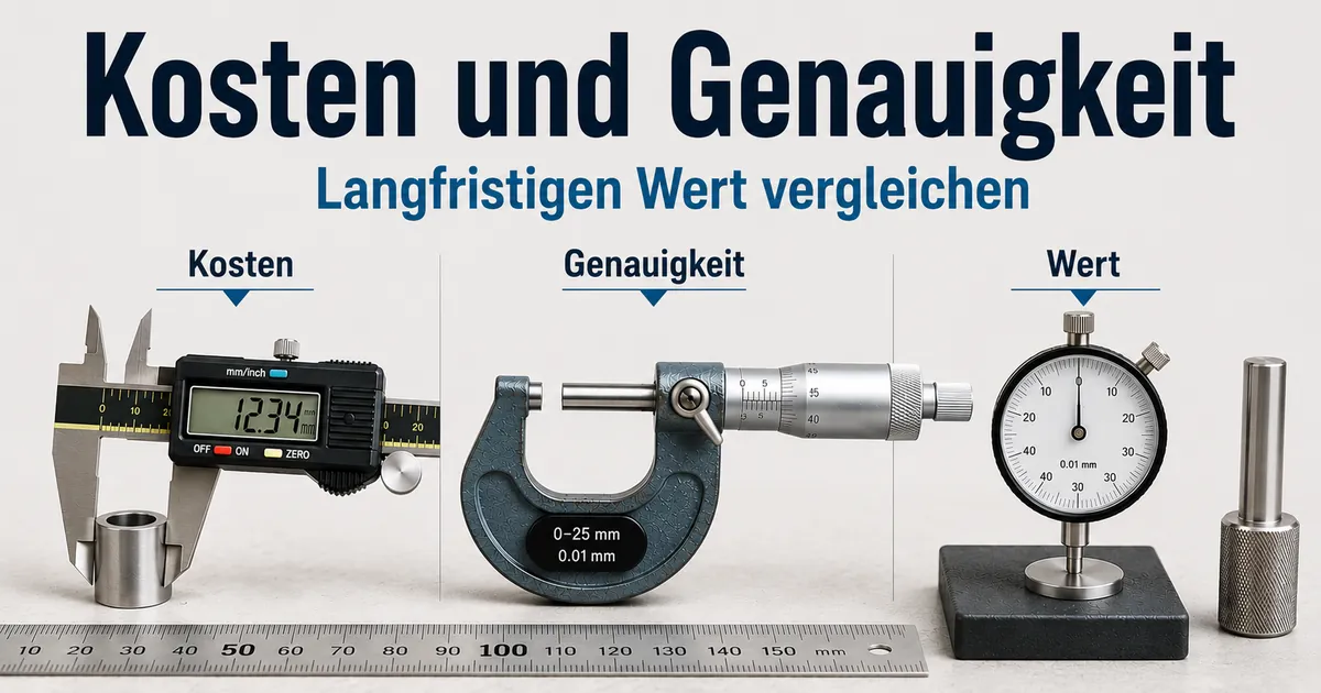 Präzisionsmesswerkzeuge, angeordnet zum Vergleich von Kosten, Genauigkeit und langfristigem Wert
