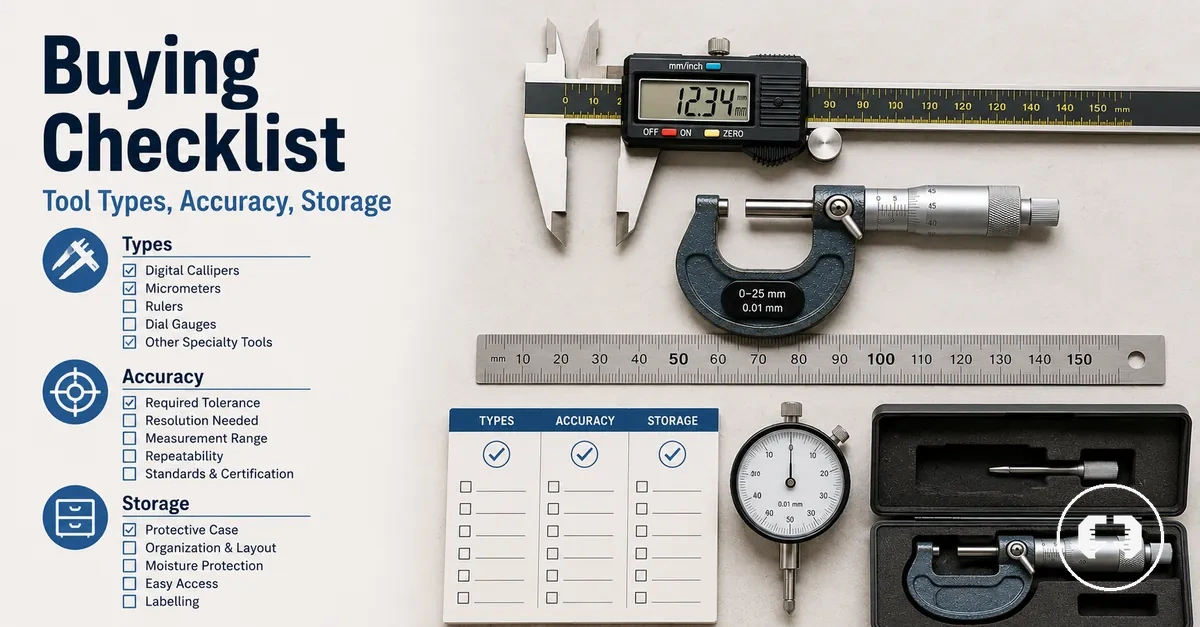 Precision measuring tools checklist layout with tool types, accuracy needs, and storage options