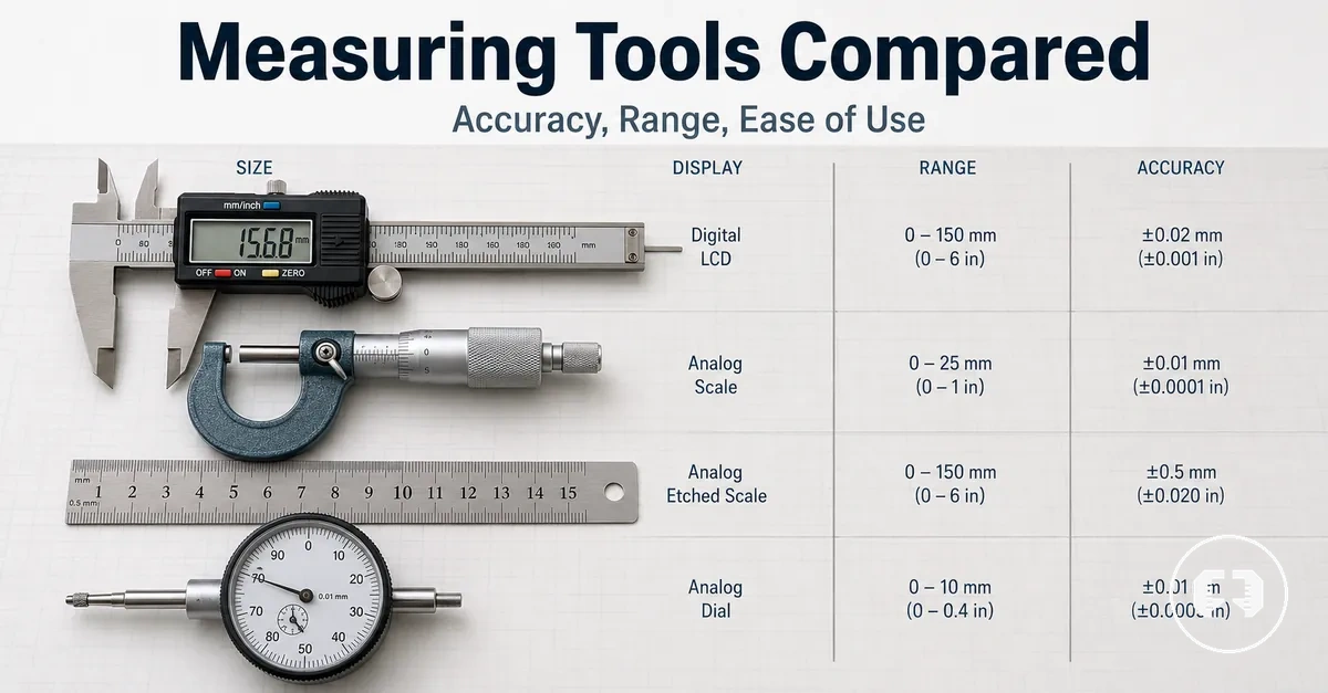 Precision measuring tools compared by size, display type, range, and measurement accuracy