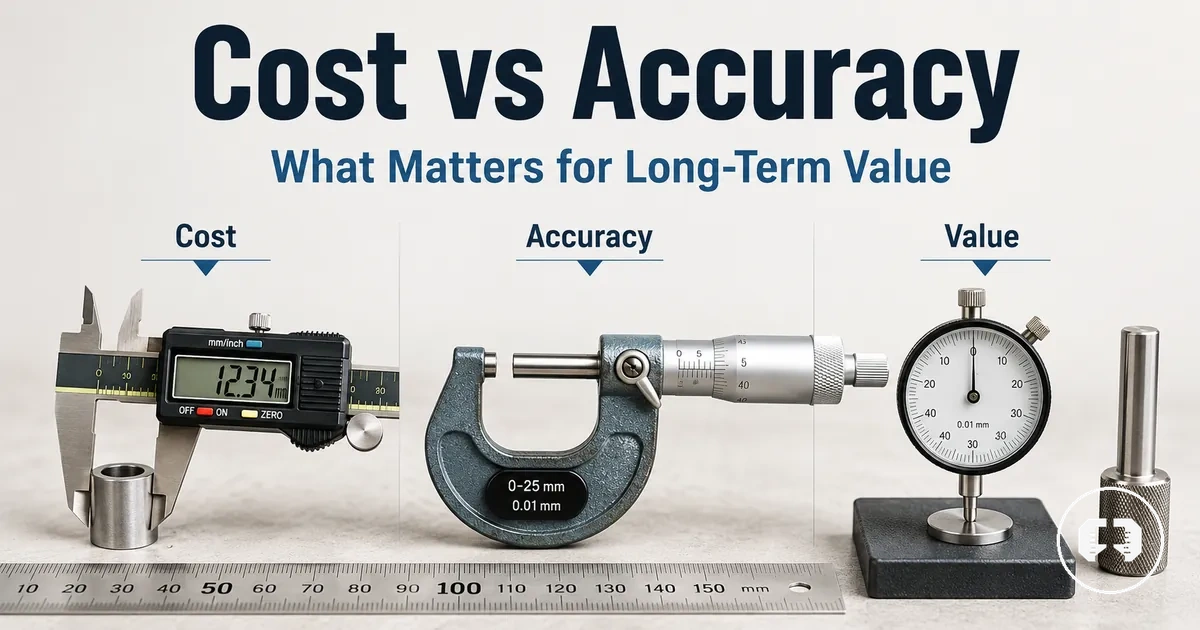 Precision measuring tools arranged to compare cost, accuracy, and long-term value