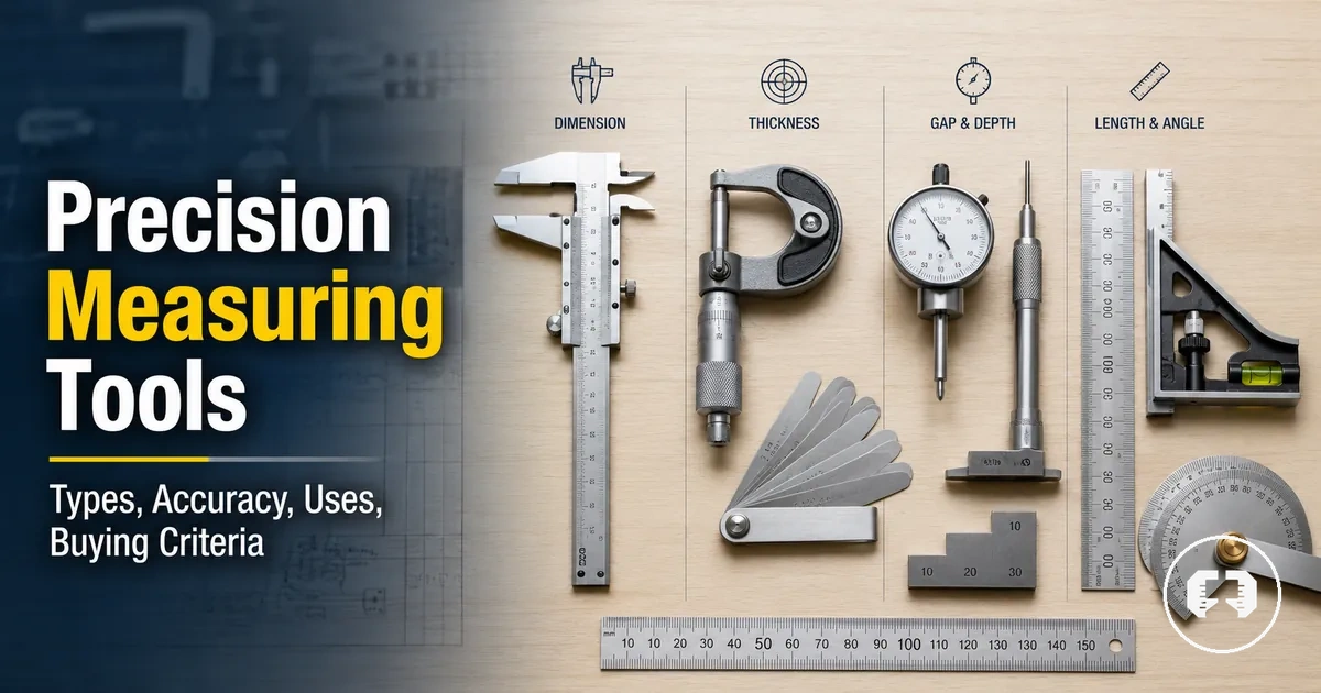 Assorted precision measuring tools arranged for comparing types, accuracy, and measurement uses