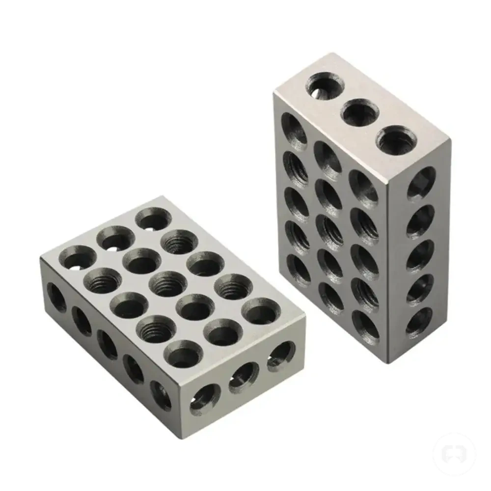 Hardened steel 1-2-3 block gauge pair with holes for machinist setup work