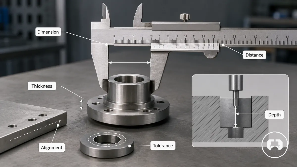 Precision measuring tool showing measured dimensions, contact points, and tolerance-sensitive features