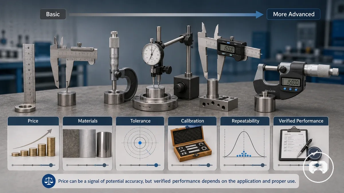 how price relates to measurement accuracy shown with precision measuring tools and measurement value cues