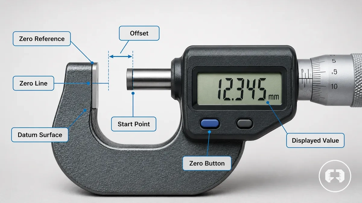 Annotated measuring tool showing zero reference and scale starting point