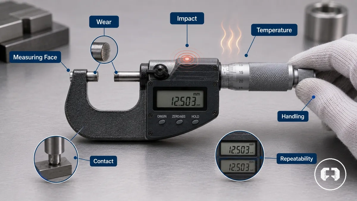 Annotated precision measuring tool showing wear impact temperature and handling factors