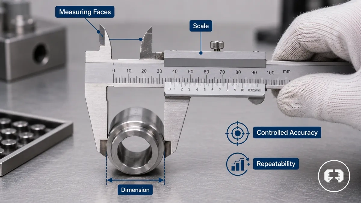 Precision measuring tool labeled to show measuring faces, scale, and measured dimension