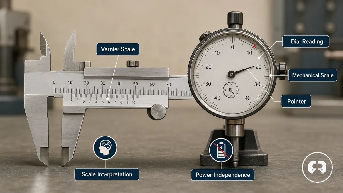 Annotated illustration of vernier scale and dial reading on analog measuring tools