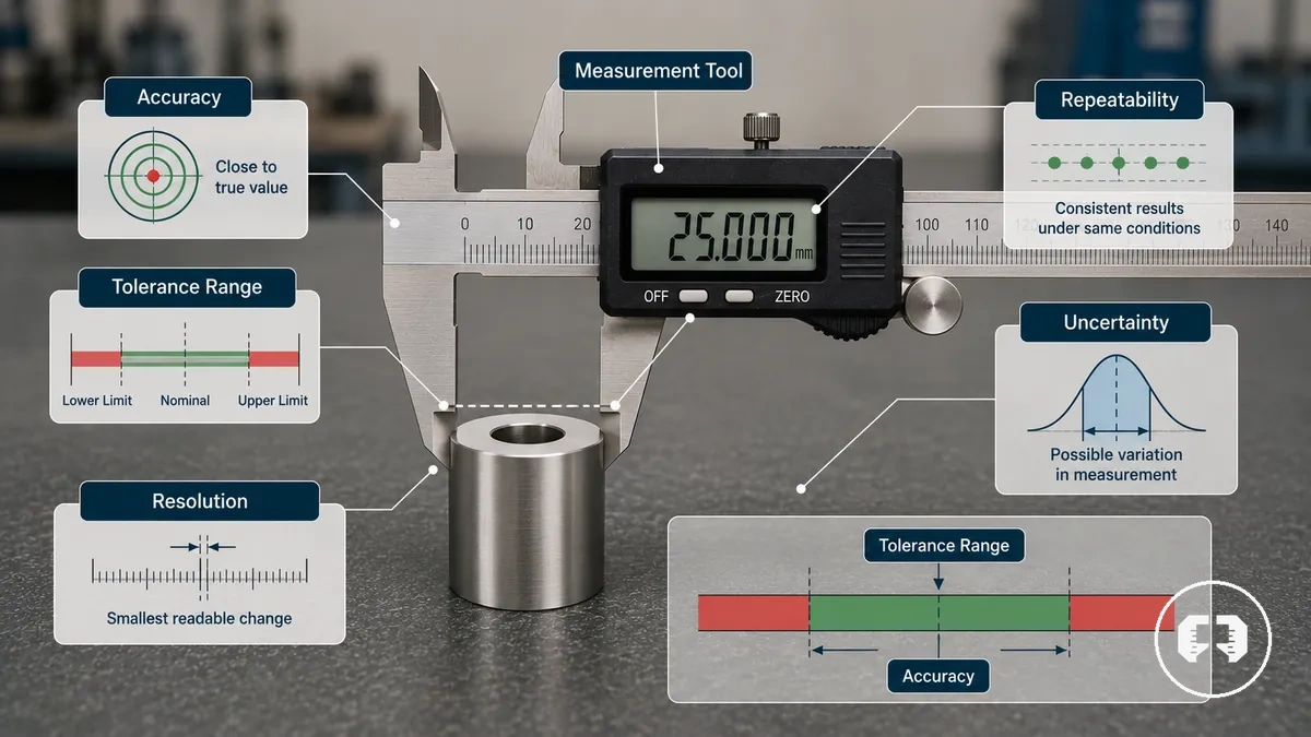 Accuracy tolerance and resolution labels on a precision measuring tool display