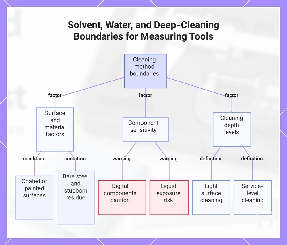 Solvent, Water, and Deep-Cleaning Boundaries for Measuring Tools
