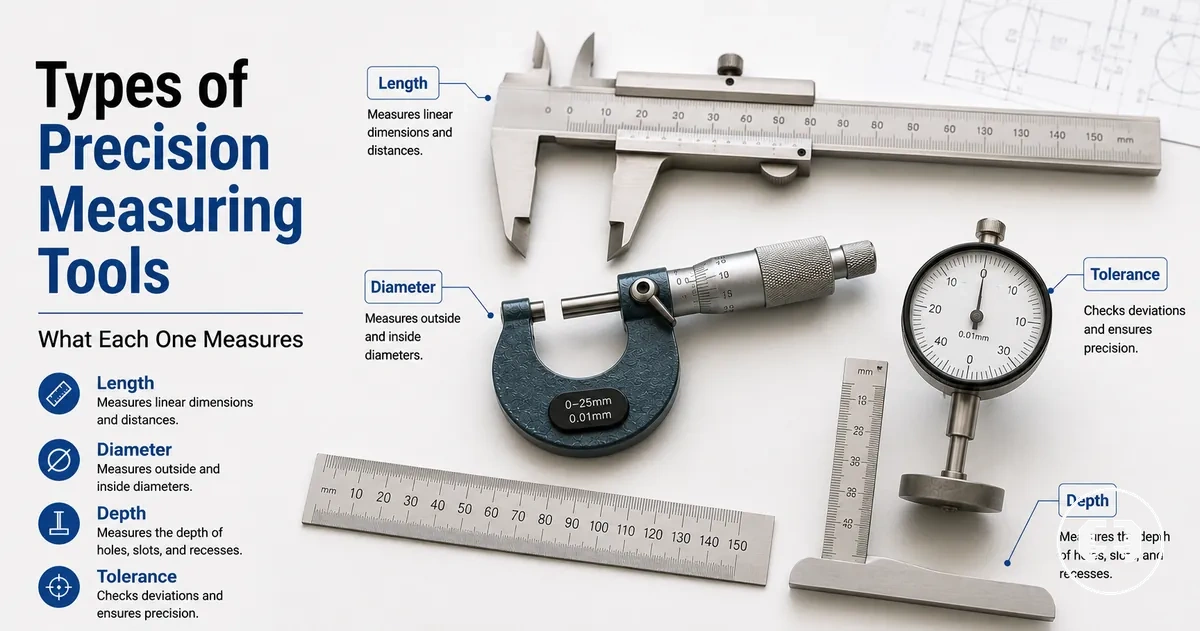 Different types of precision measuring tools displayed to show what each tool measures