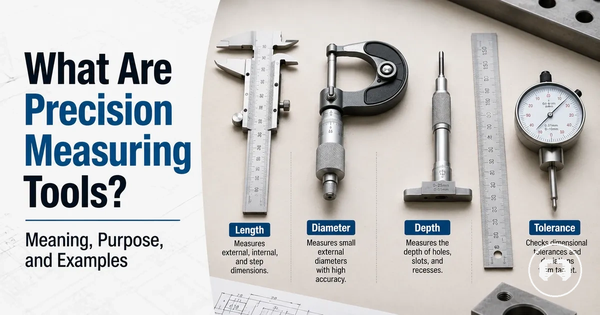 Precision measuring tools shown with labels for their basic purpose and measurement function