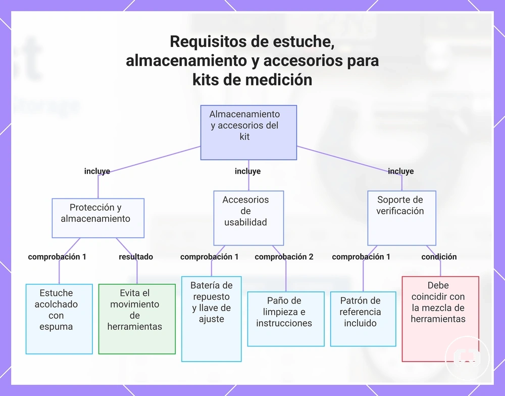 Requisitos de estuche, almacenamiento y accesorios para kits de medición