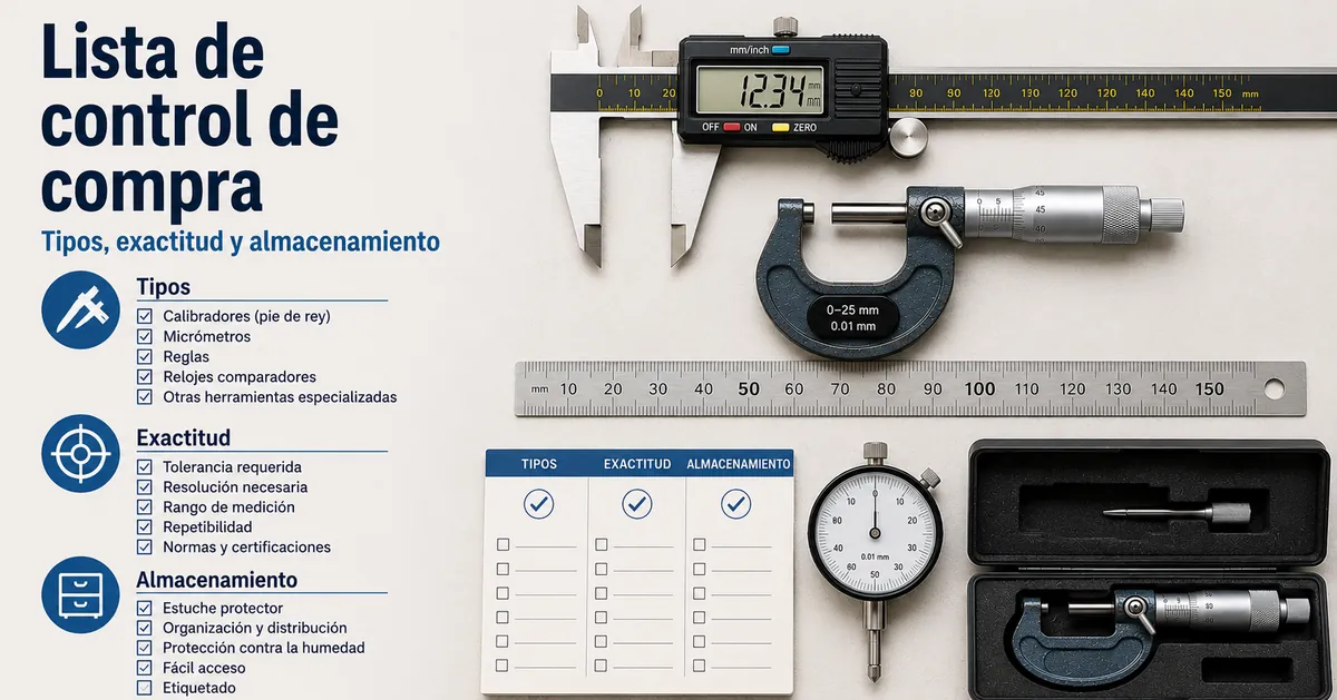 Lista de control de herramientas de medición de precisión con tipos, necesidades de exactitud y opciones de almacenamiento