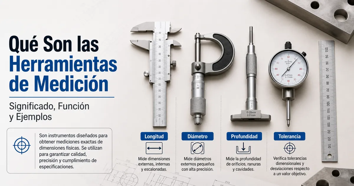 Herramientas de medición de precisión con etiquetas que indican su función básica de medición