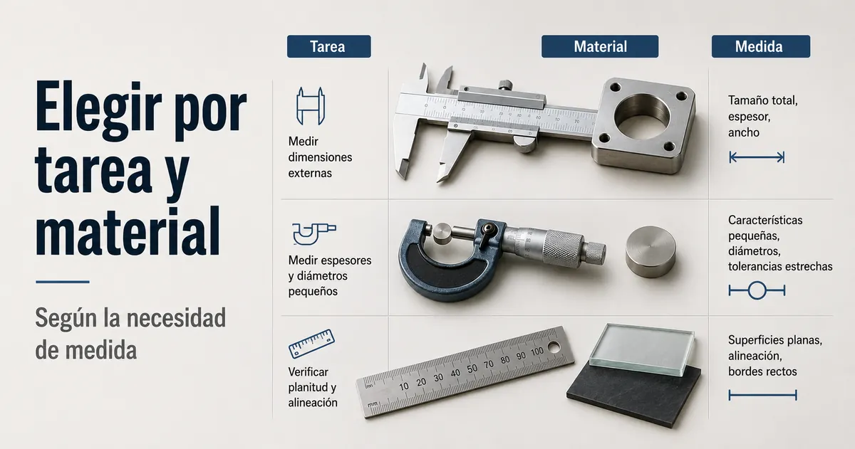 Herramientas de medición de precisión situadas junto a distintos materiales y tareas de medición