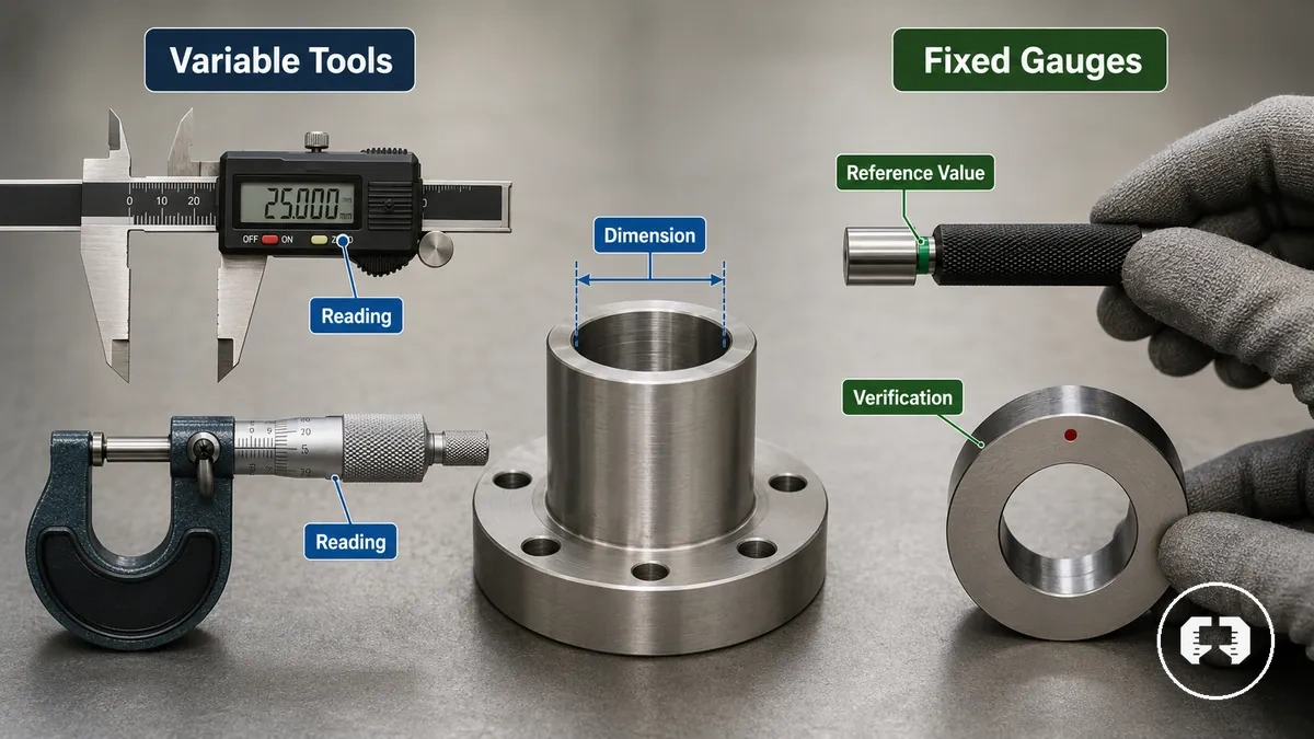 Outil de mesure variable et calibre de référence fixe comparés sur une pièce