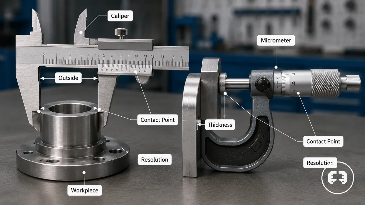 Pied à coulisse et micromètre montrant les points de contact de mesure directe sur une pièce