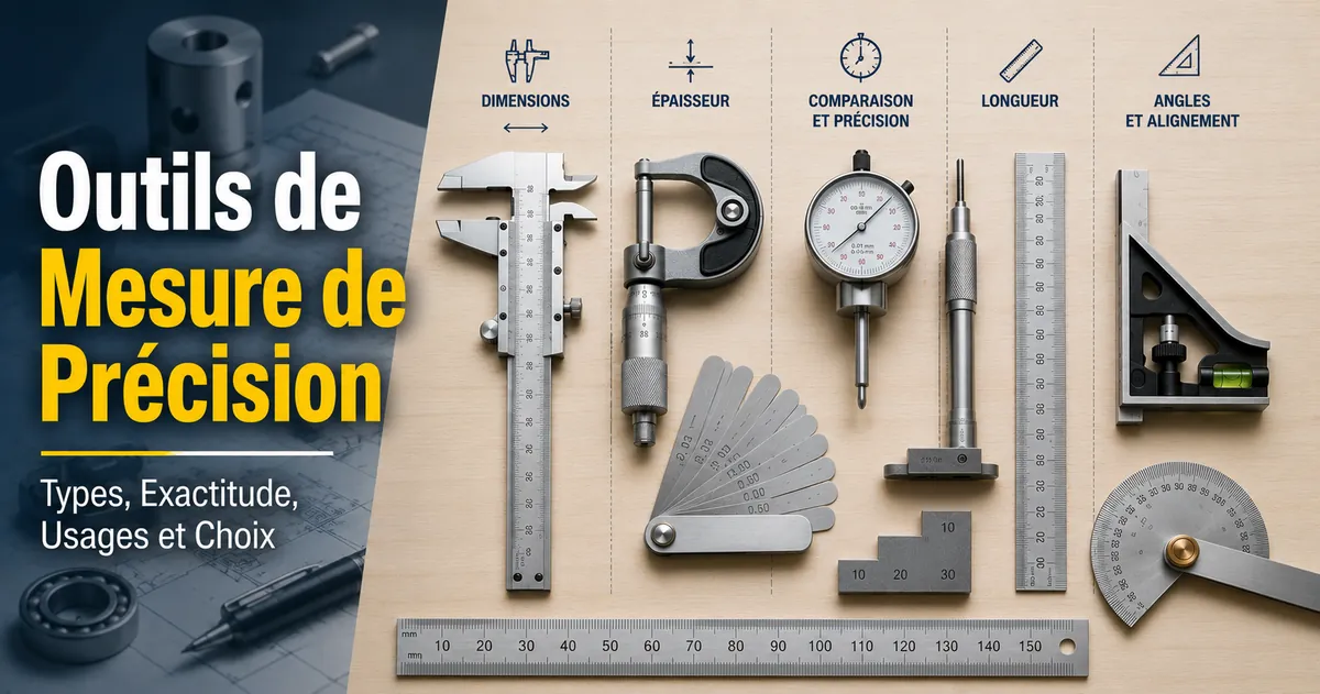 Différents outils de mesure de précision disposés pour comparer les types, l’exactitude et les usages de mesure
