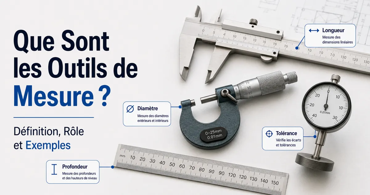 Outils de mesure de précision présentés avec des étiquettes sur leur rôle de base et leur fonction de mesure