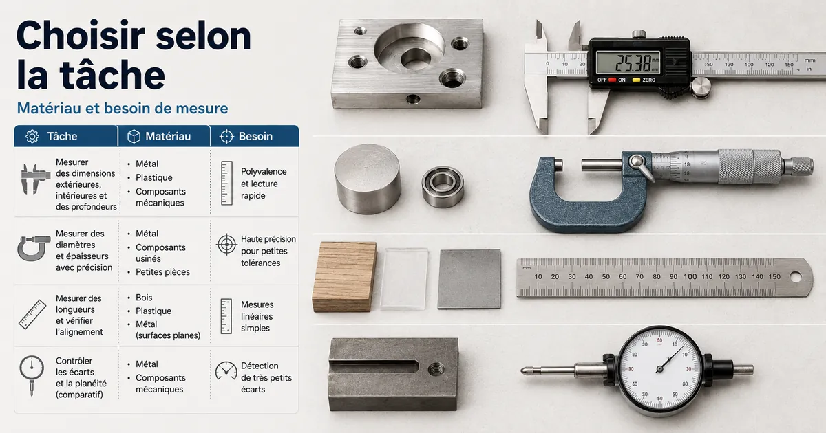 Outils de mesure de précision placés près de différents matériaux et tâches de mesure