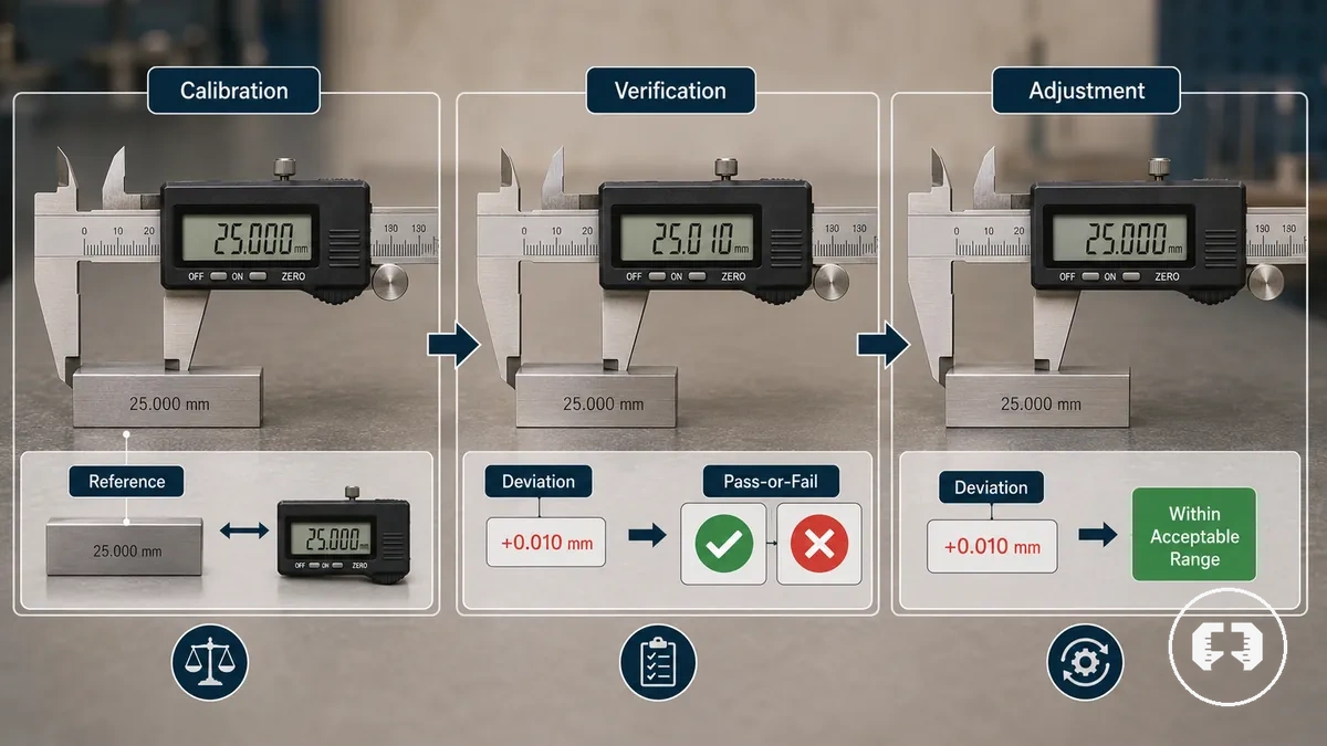 Comparação entre calibração, verificação e ajuste para ferramentas de medição de precisão