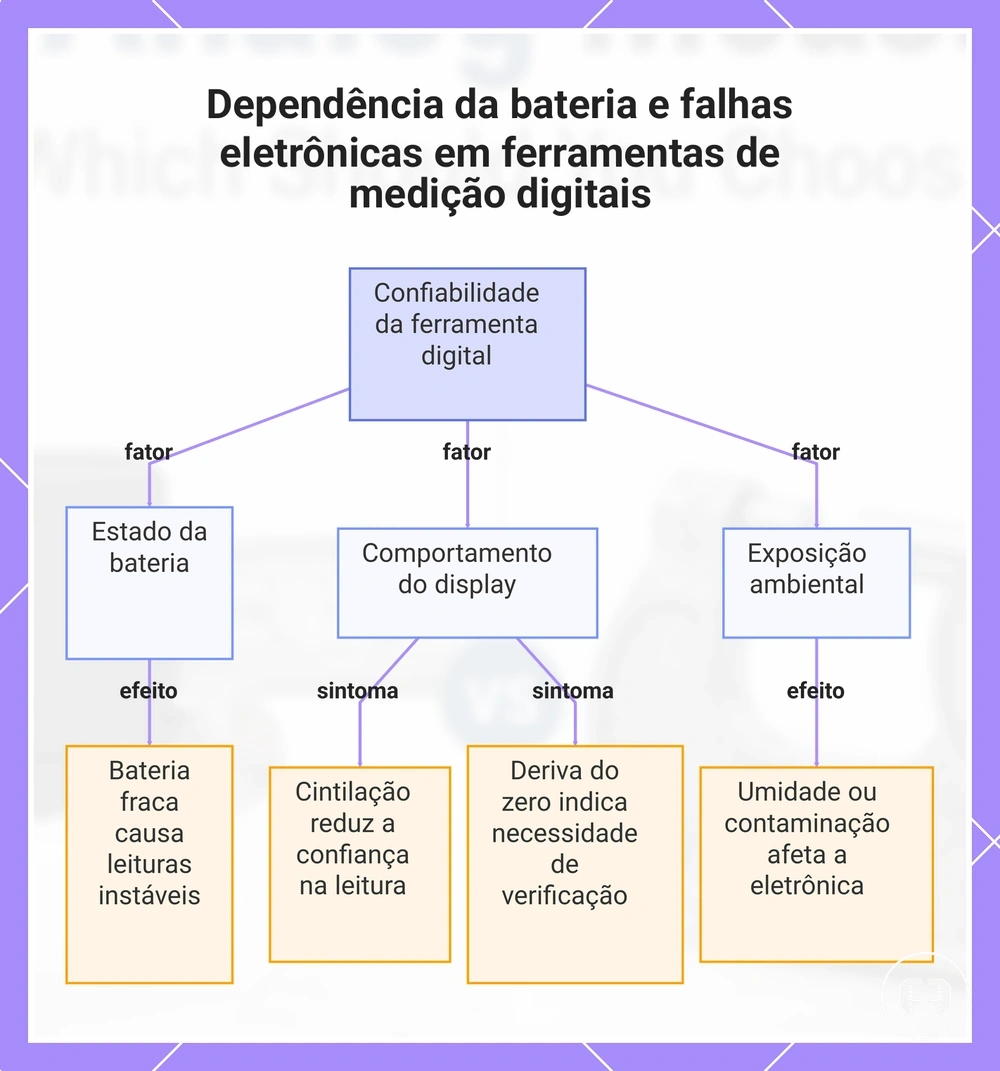 Dependência da bateria e falhas eletrônicas em ferramentas de medição digitais