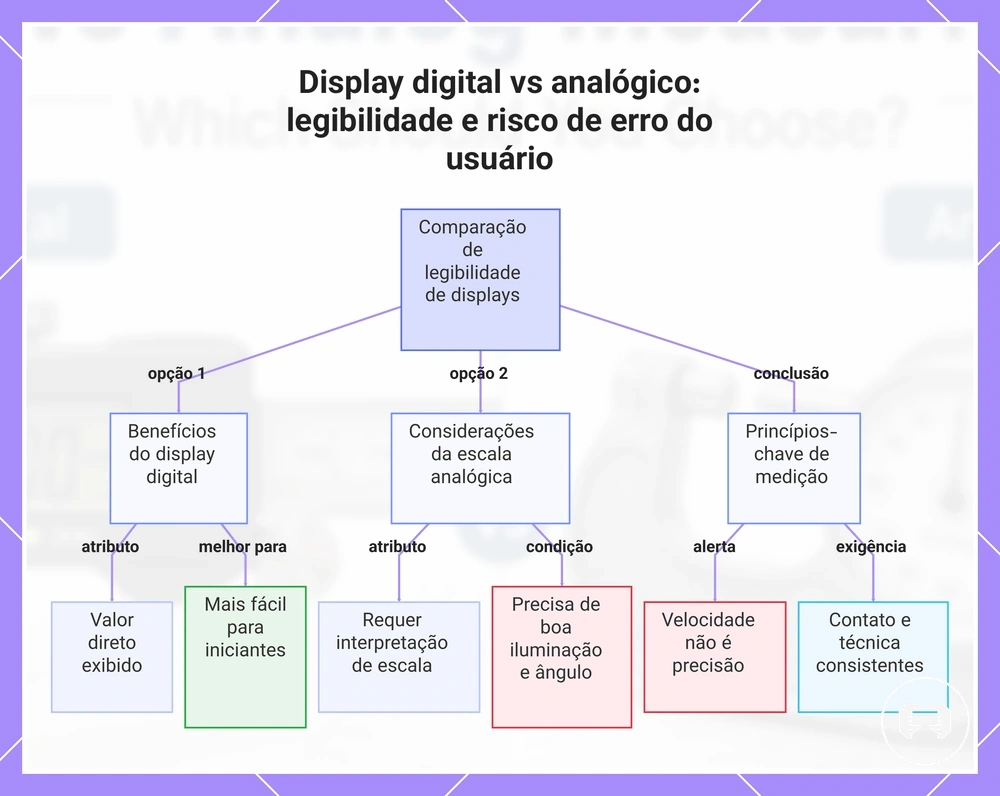 Display digital vs analógico: legibilidade e risco de erro do usuário