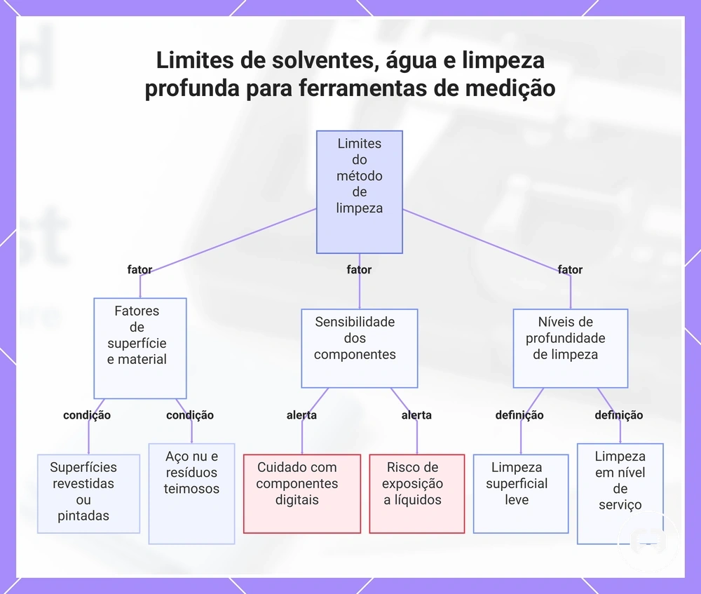 Limites de solventes, água e limpeza profunda para ferramentas de medição