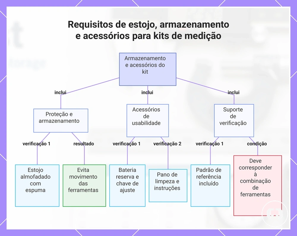 Requisitos de estojo, armazenamento e acessórios para kits de medição
