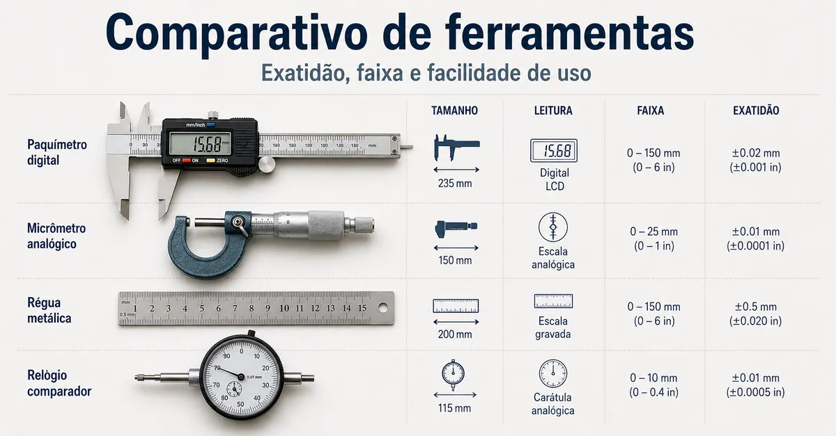Ferramentas de medição de precisão comparadas por tamanho, tipo de leitura, faixa e exatidão