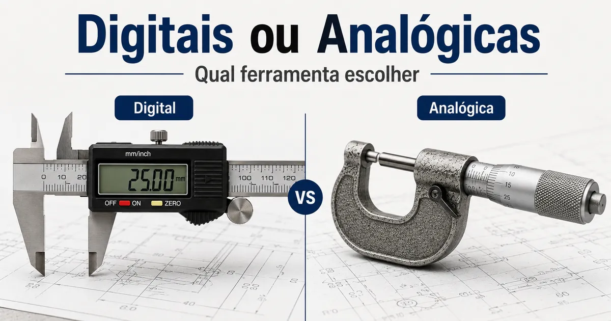 Ferramentas de medição de precisão digitais e analógicas colocadas lado a lado para comparação