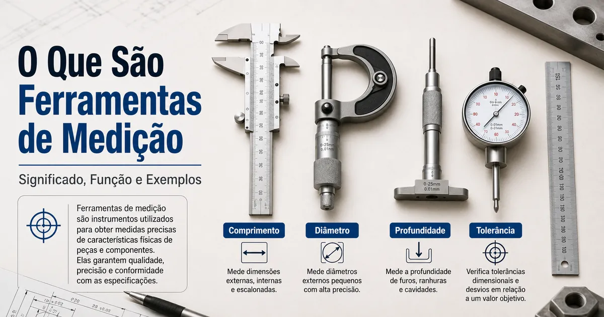Ferramentas de medição de precisão exibidas com etiquetas sobre sua função básica de medição