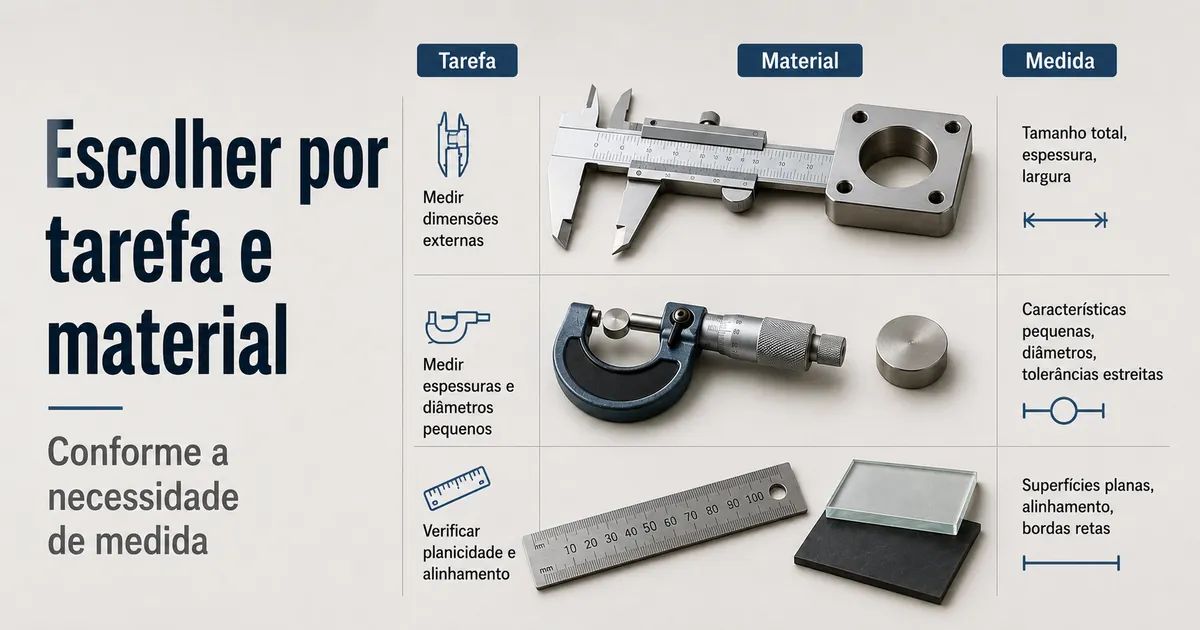 Ferramentas de medição de precisão posicionadas perto de diferentes materiais e tarefas de medição