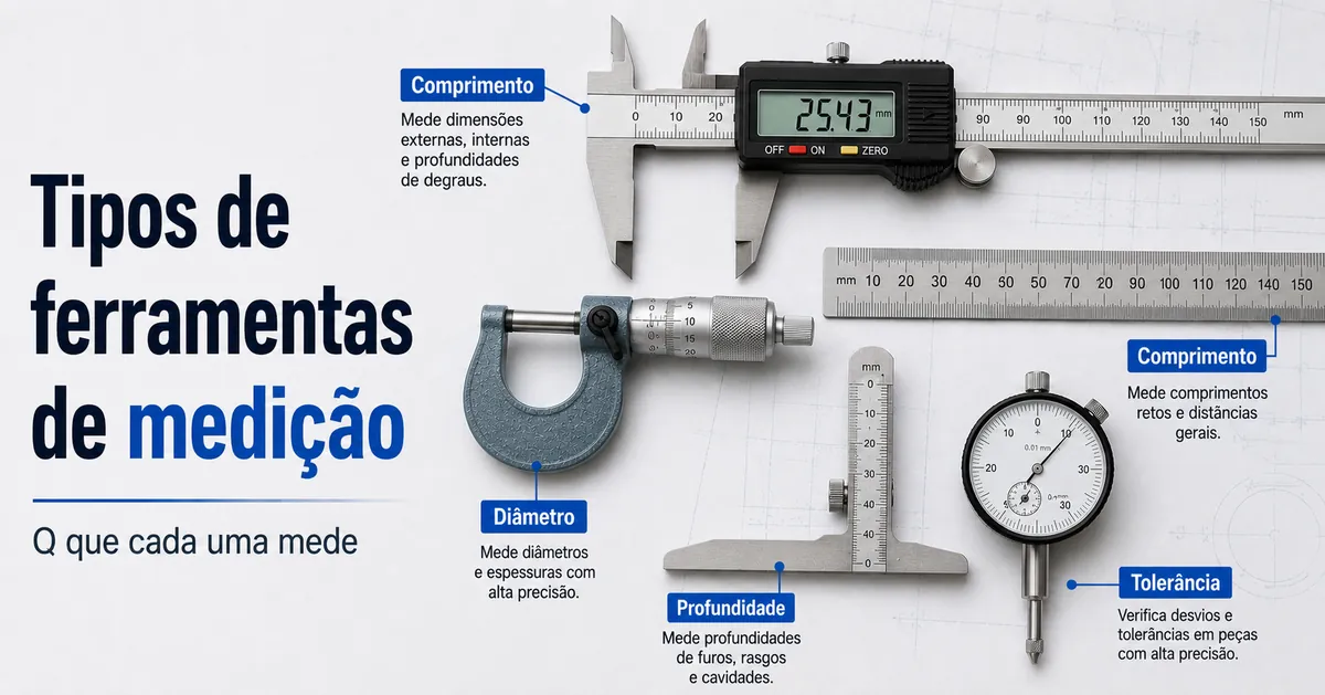 Diferentes tipos de ferramentas de medição de precisão exibidas conforme o que cada uma mede