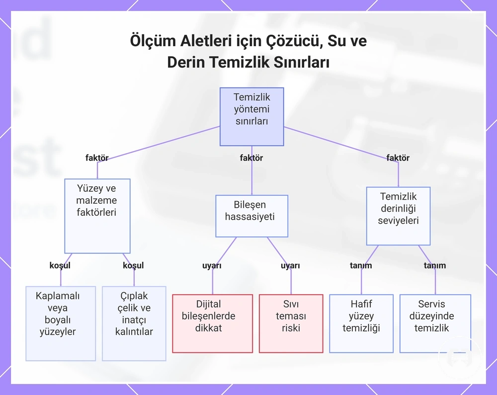 Ölçüm Aletleri için Çözücü, Su ve Derin Temizlik Sınırları