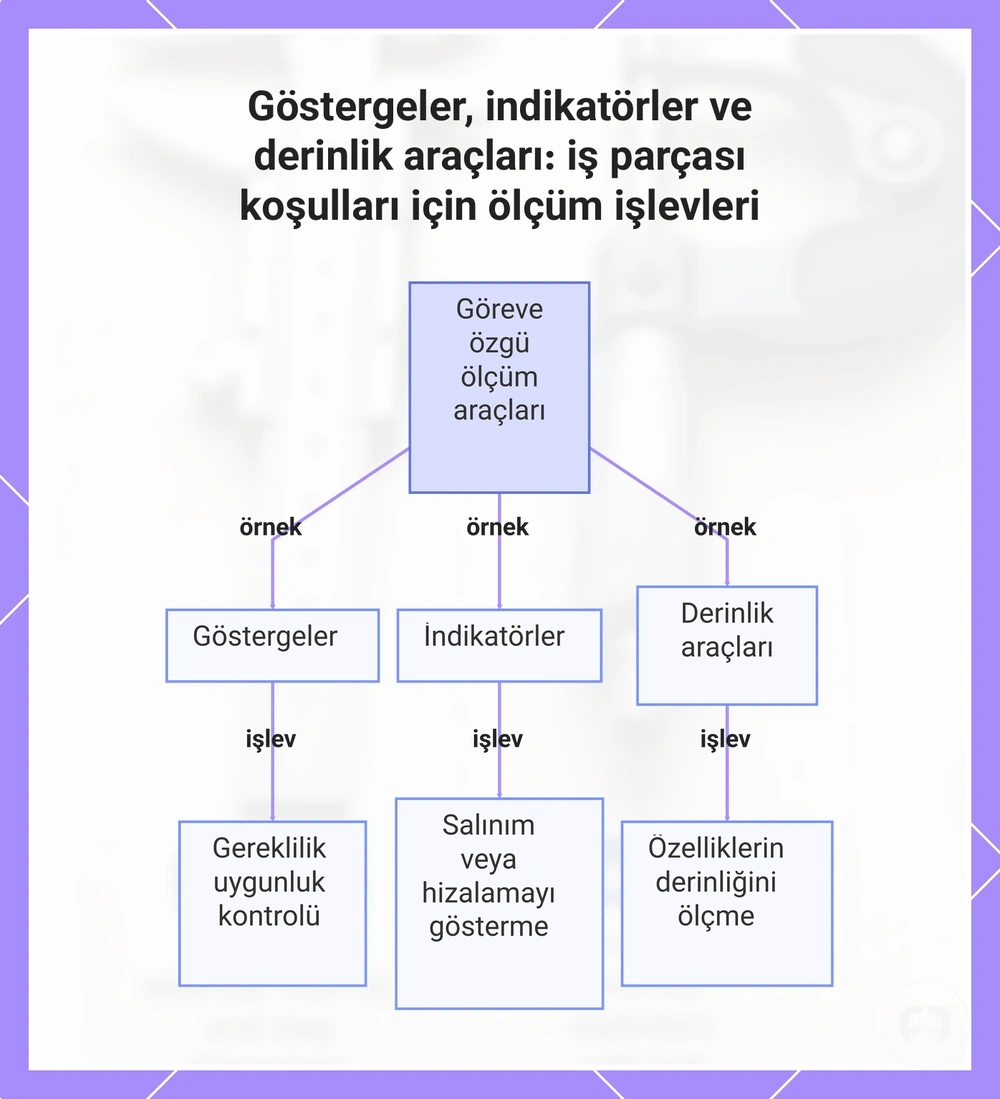 Göstergeler, indikatörler ve derinlik araçları: iş parçası koşulları için ölçüm işlevleri
