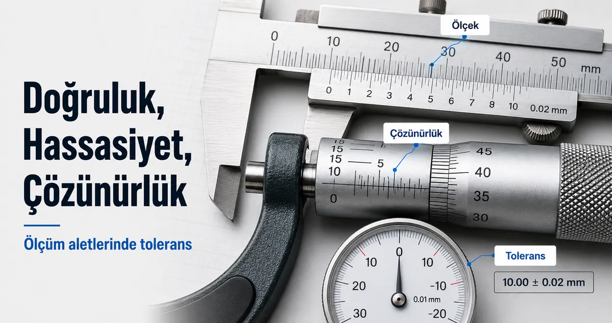 Doğruluk, çözünürlük ve tolerans ayrıntılarını gösteren hassas ölçüm aleti ölçeklerinin yakın görünümü