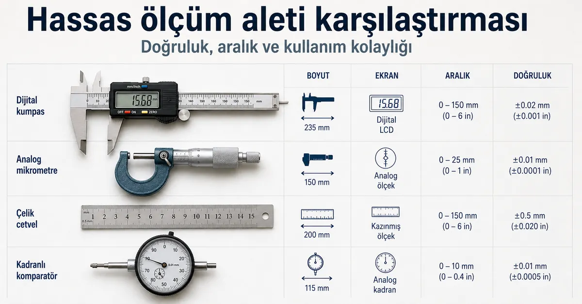 Boyut, ekran türü, ölçüm aralığı ve doğruluk açısından karşılaştırılan hassas ölçüm aletleri